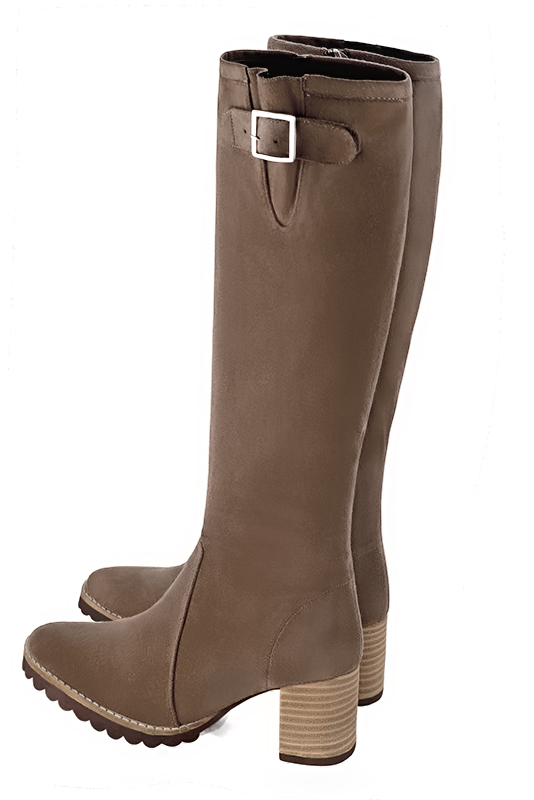 Chocolate brown women's knee-high boots with buckles. Round toe. Medium block heels. Made to measure. Rear view - Florence KOOIJMAN